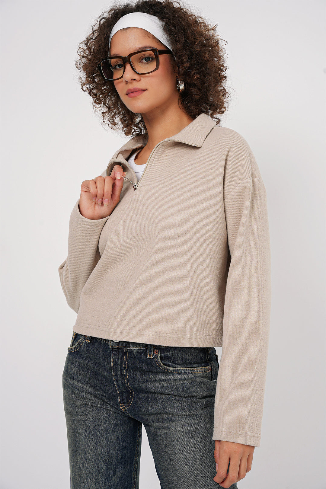 Bigdart 55449 Sweatshirt Tricot à Col Zippé - Crème
