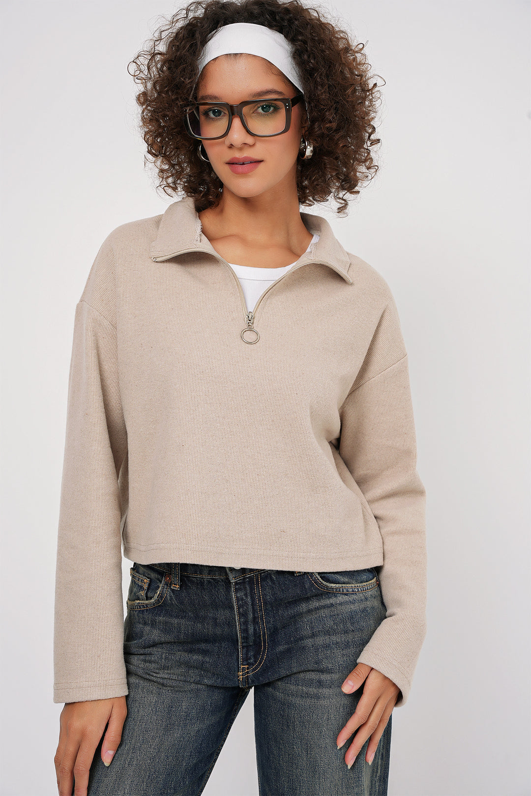 Bigdart 55449 Sweatshirt Tricot à Col Zippé - Crème