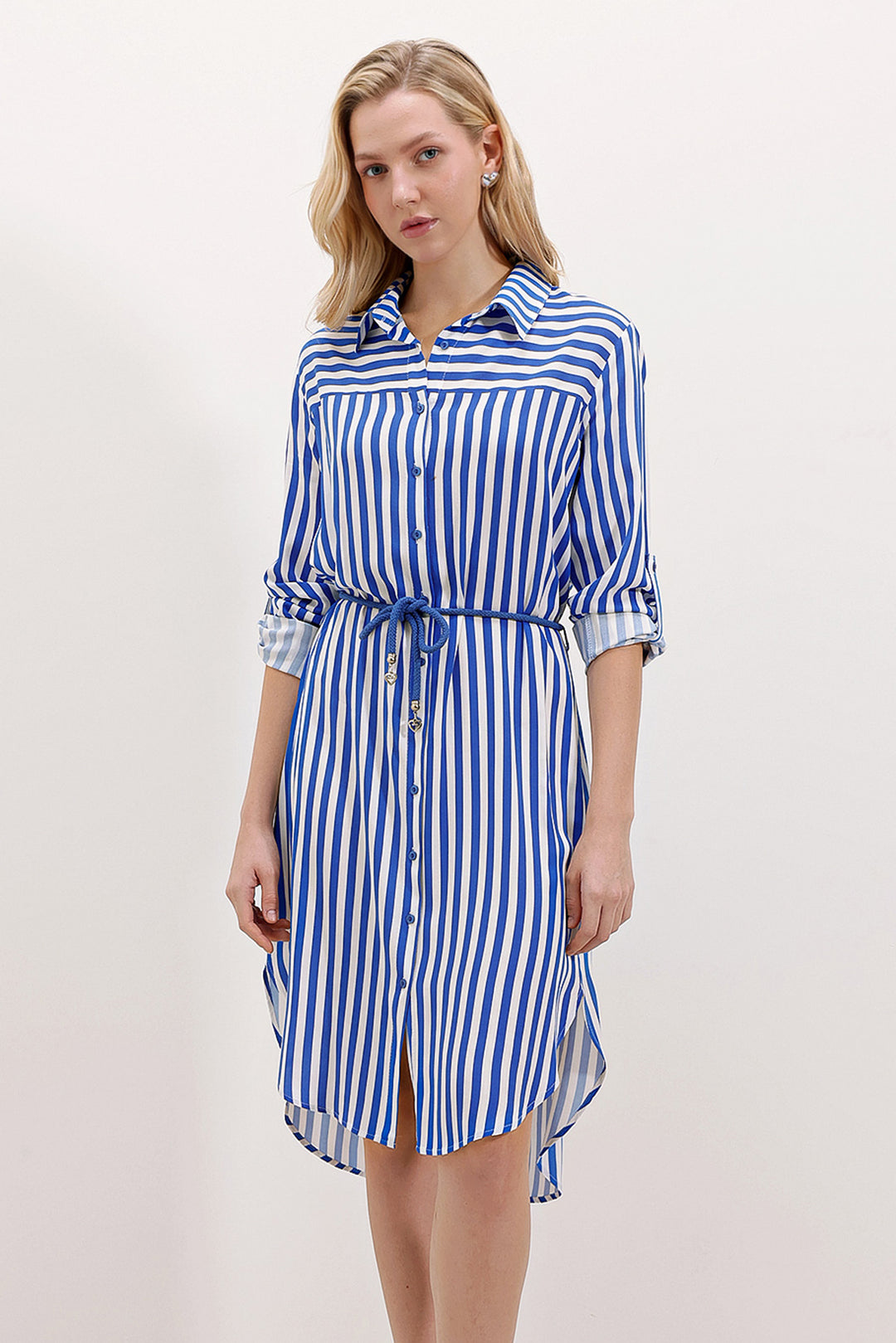 Bigdart 5629 Robe à Rayures avec Ceinture - Bleu roi