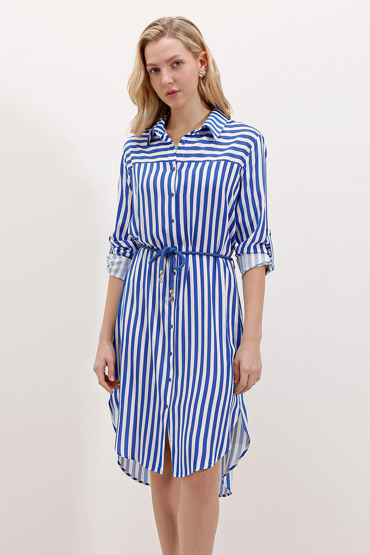 Bigdart 5629 Robe à Rayures avec Ceinture - Bleu roi