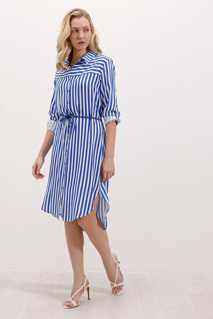 Bigdart 5629 Robe à Rayures avec Ceinture - Bleu roi