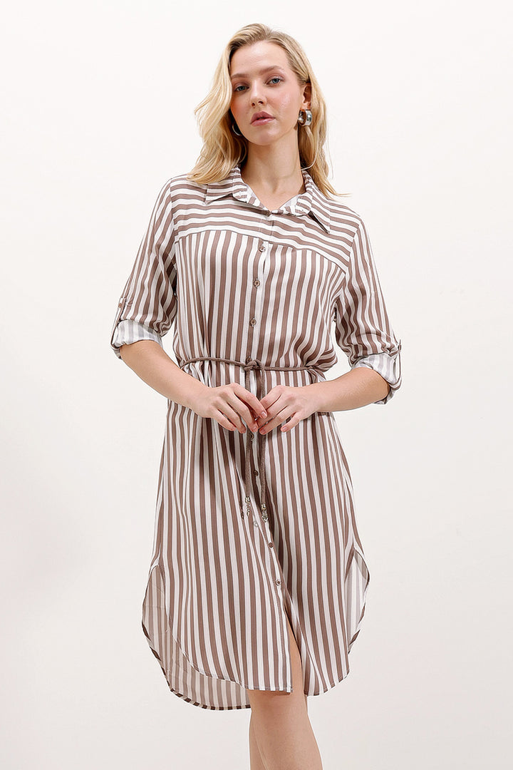 Bigdart Robe à rayures avec ceinture 5629 - Vison