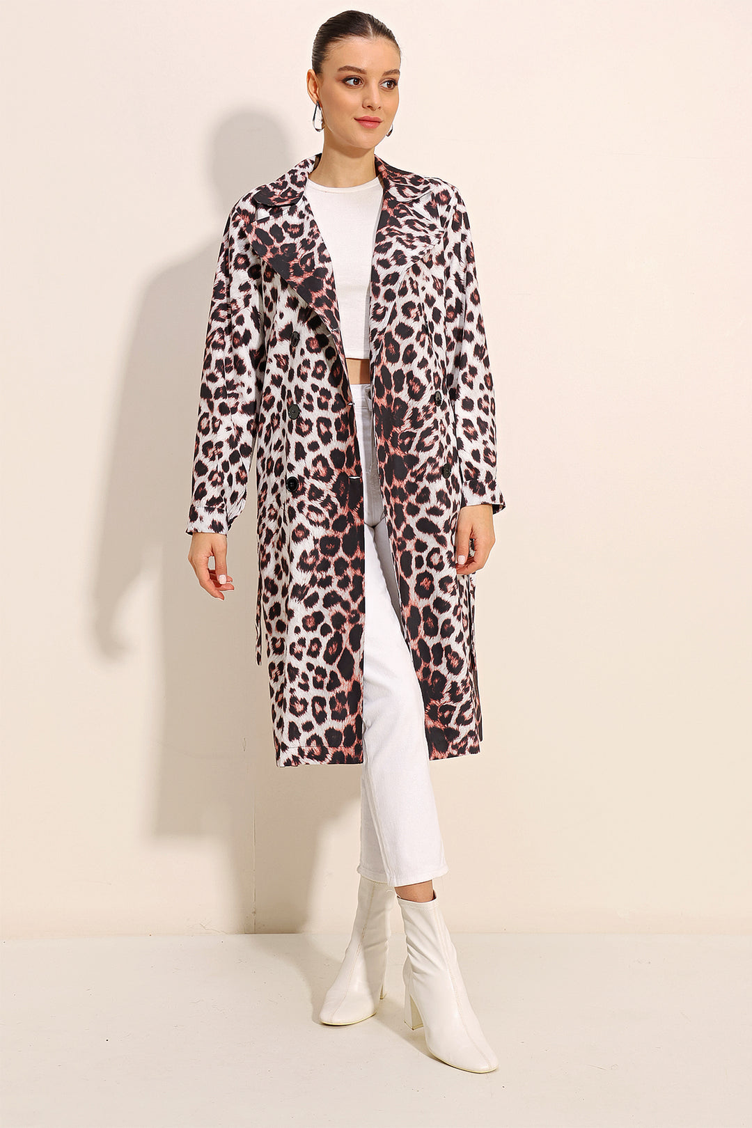 Bigdart 5853 Manteau trench croisé à motifs - Écru