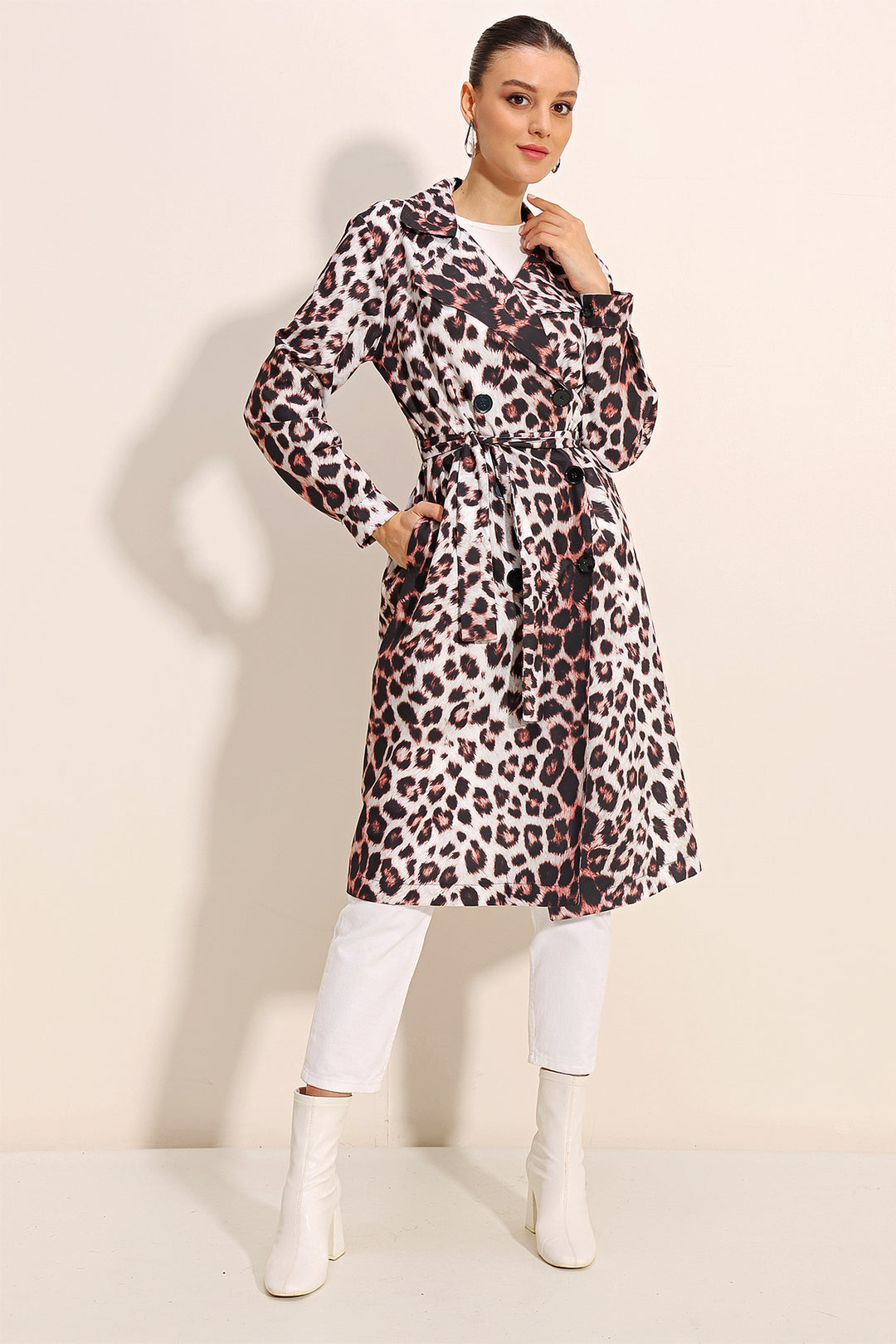 Bigdart 5853 Manteau trench croisé à motifs - Écru