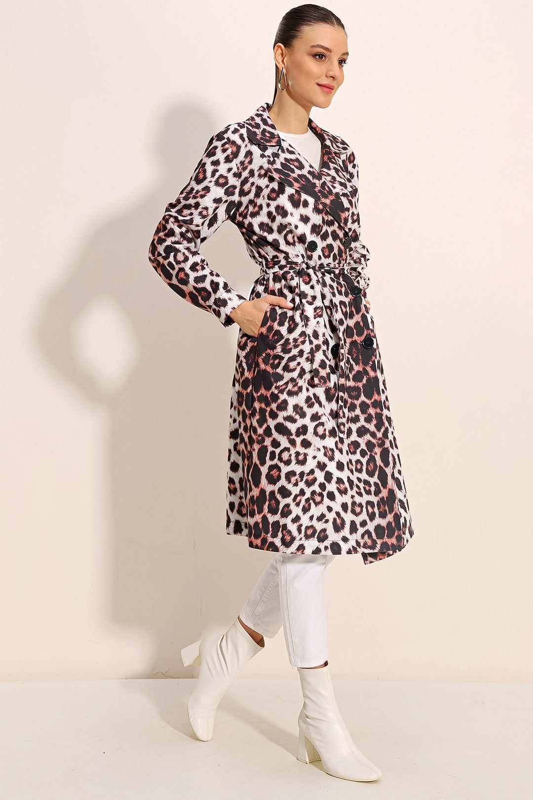 Bigdart 5853 Manteau trench croisé à motifs - Écru