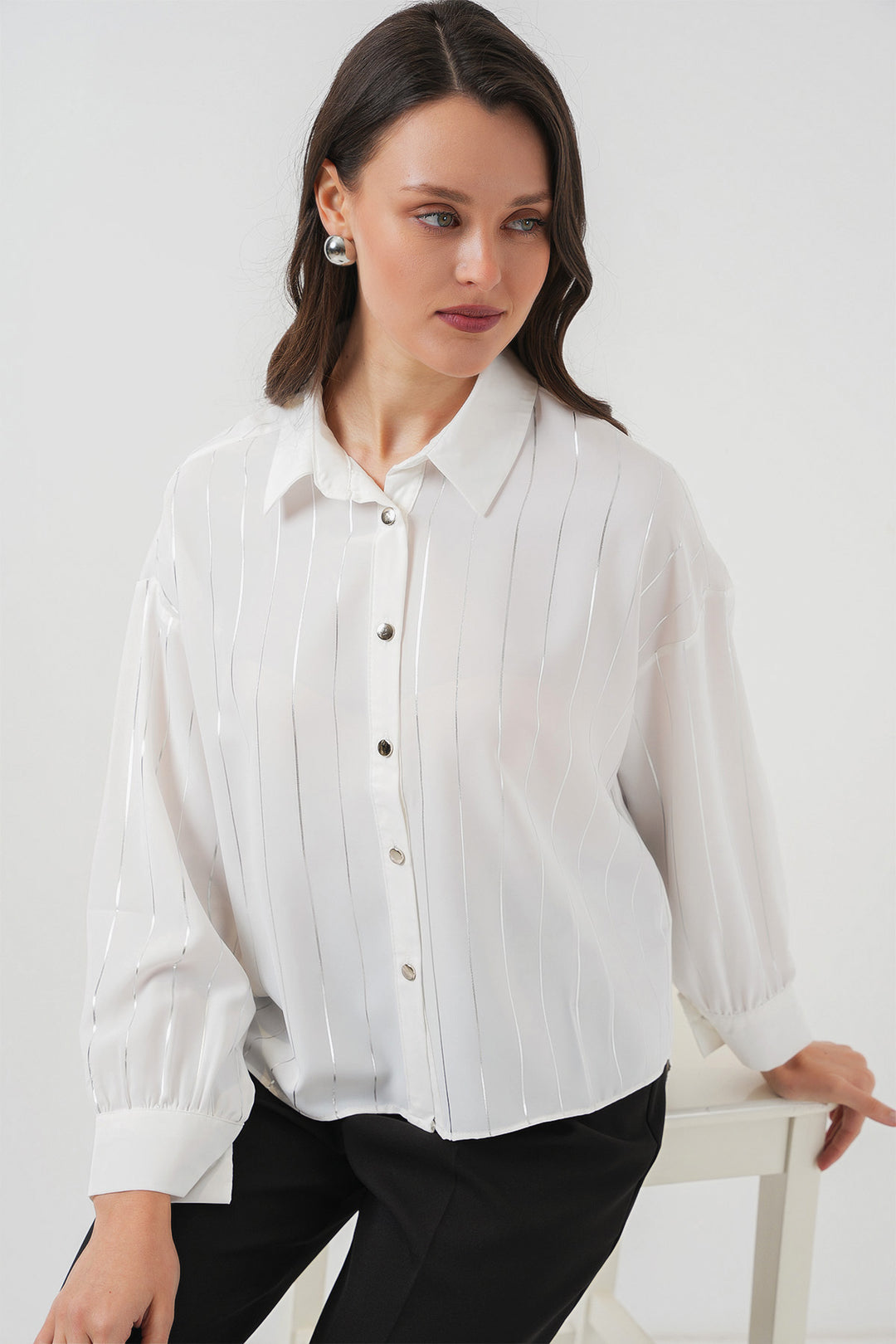 Bigdart Chemise à rayures argentées blanches pour femme 5924 - Blanc