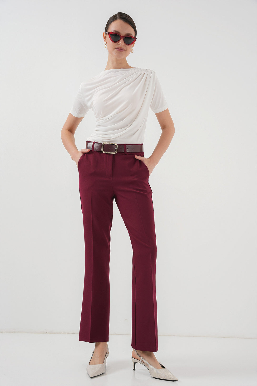 Bigdart Pantalon à Jambes Évasées Ceinturé 6538 - Bordeaux