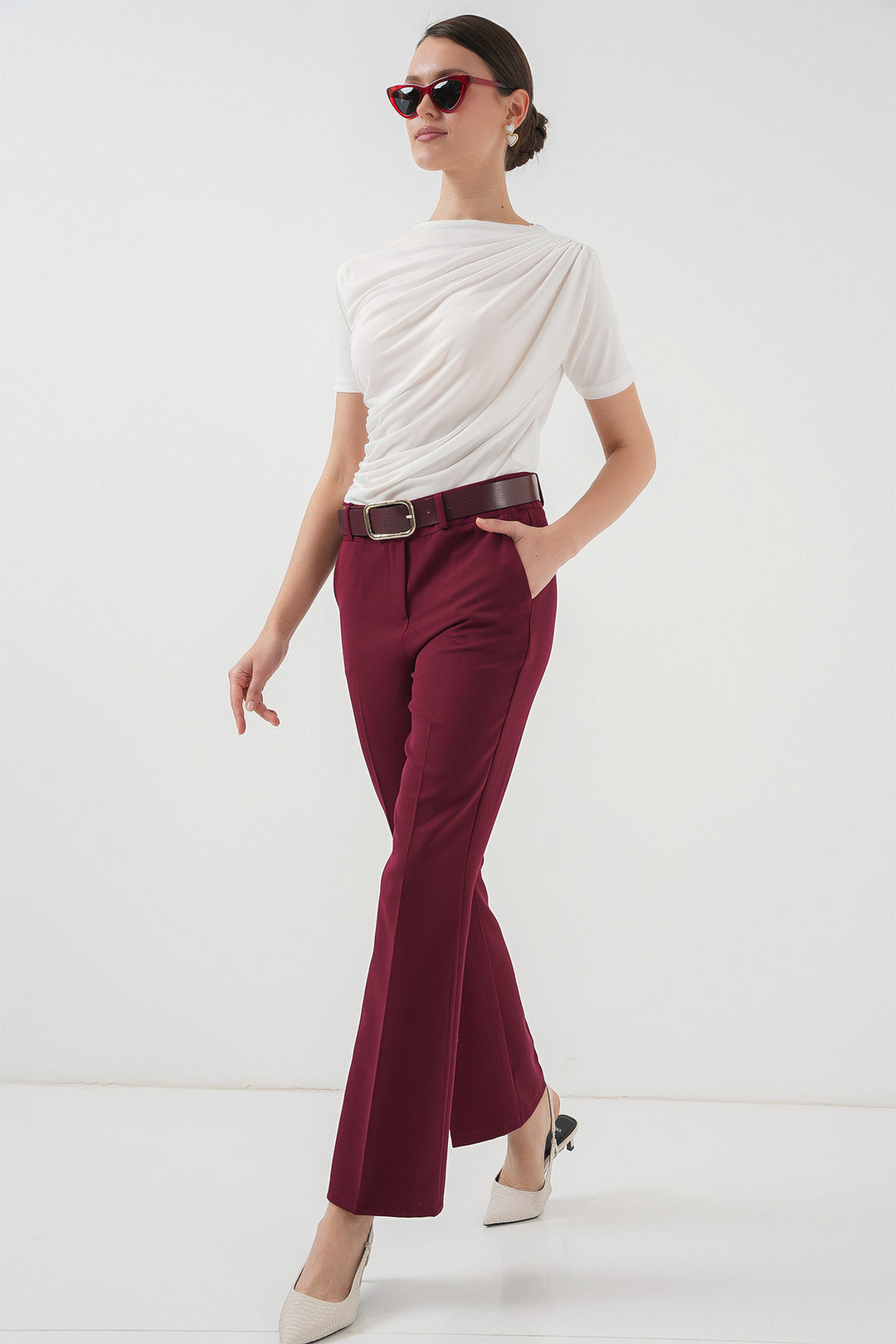 Bigdart Pantalon à Jambes Évasées Ceinturé 6538 - Bordeaux