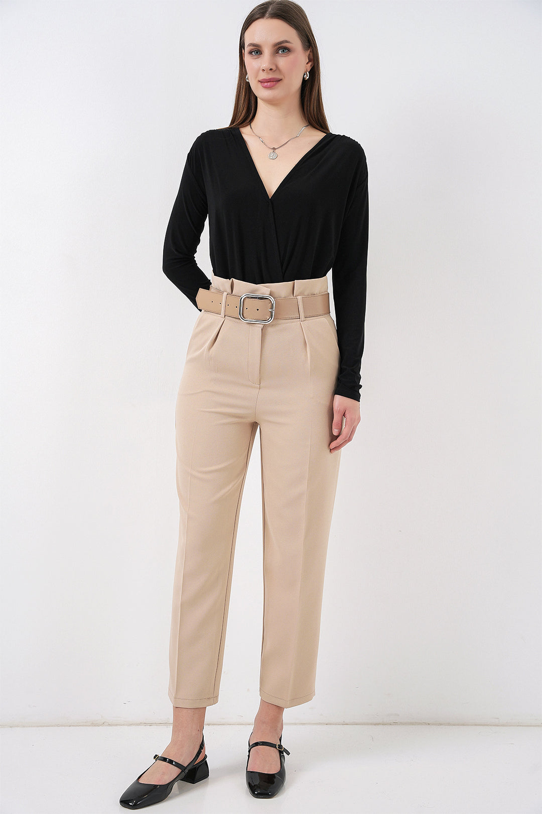 Bigdart Pantalon en tissu ceinturé 6556 - Crème
