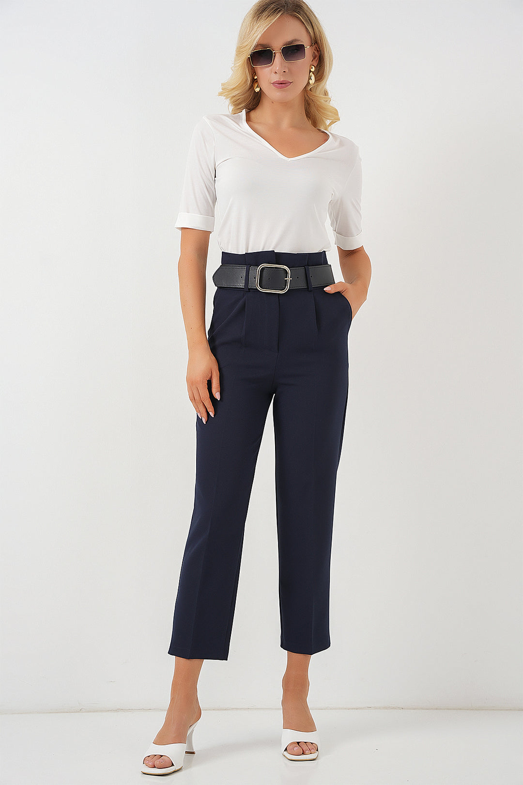 Bigdart Pantalon en tissu avec ceinture 6556 - Bleu marine