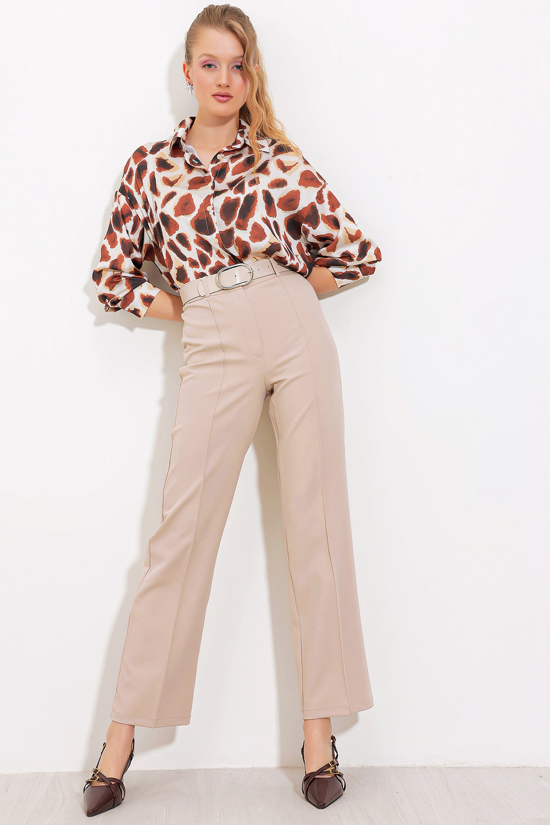 Bigdart Pantalon en tissu taille haute beige pour femme 6584