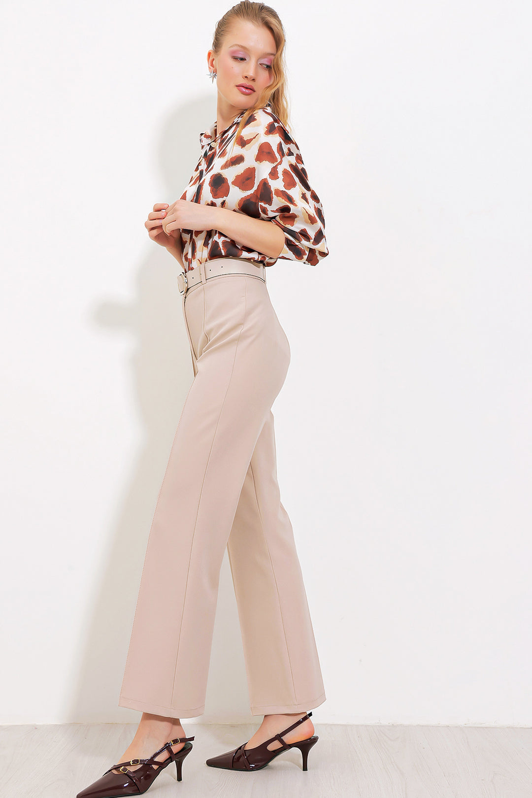 Bigdart Pantalon en tissu taille haute beige pour femme 6584