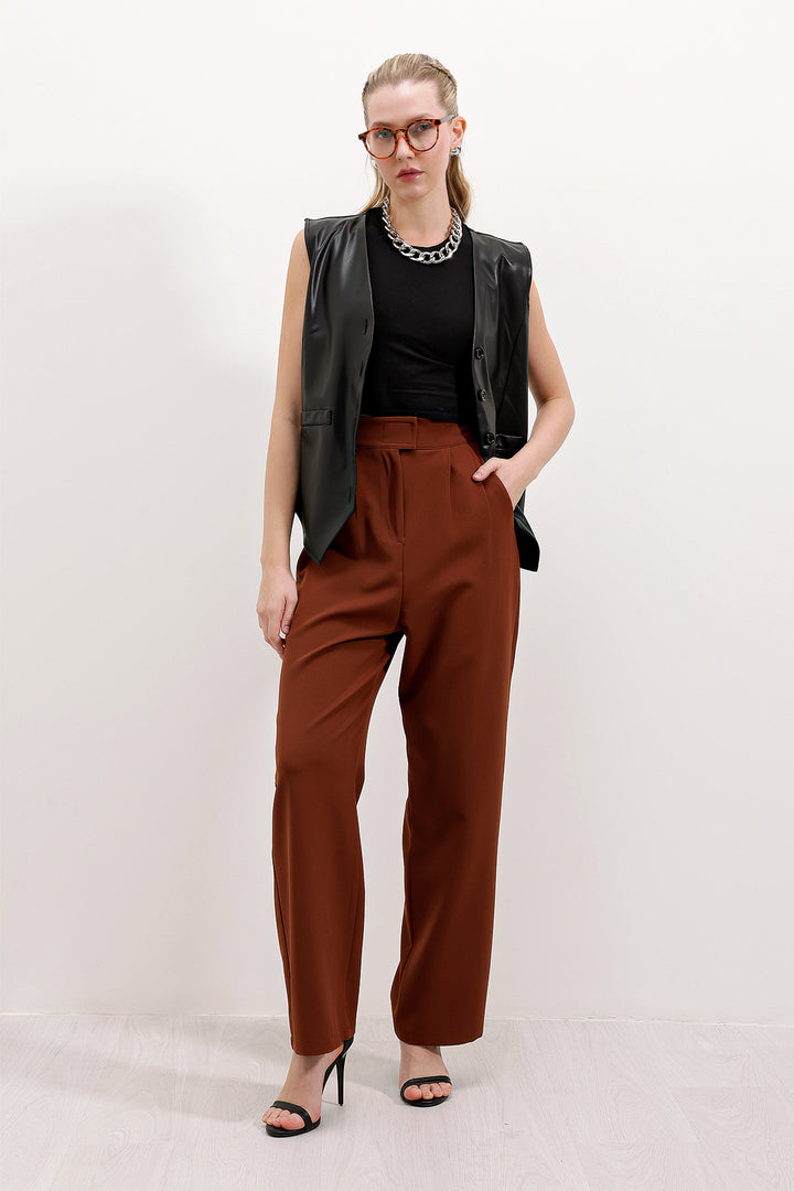 Bigdart Pantalon en tissu taille haute marron pour femme 6612