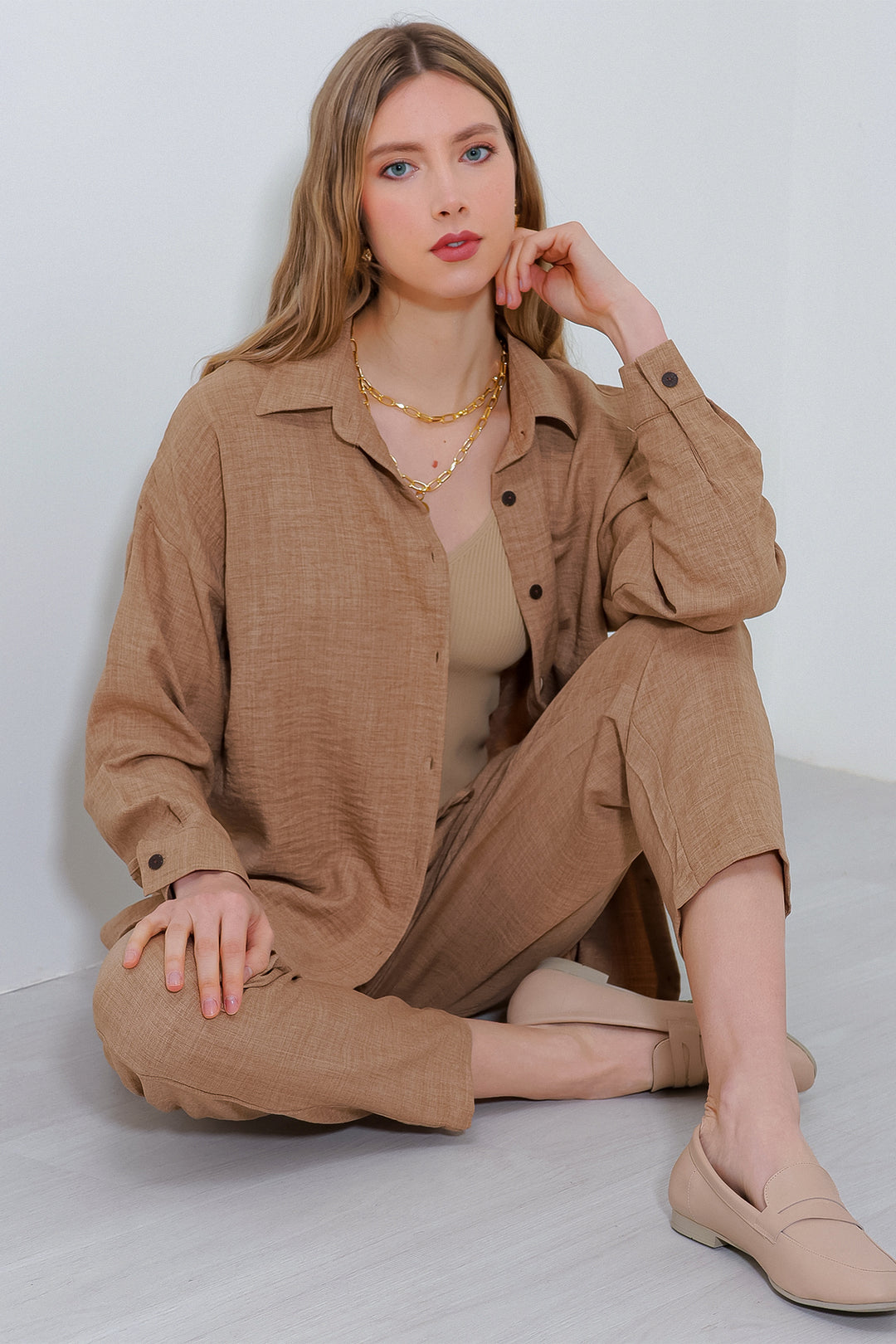 Bigdart Ensemble femme en lin oversize camel 6622