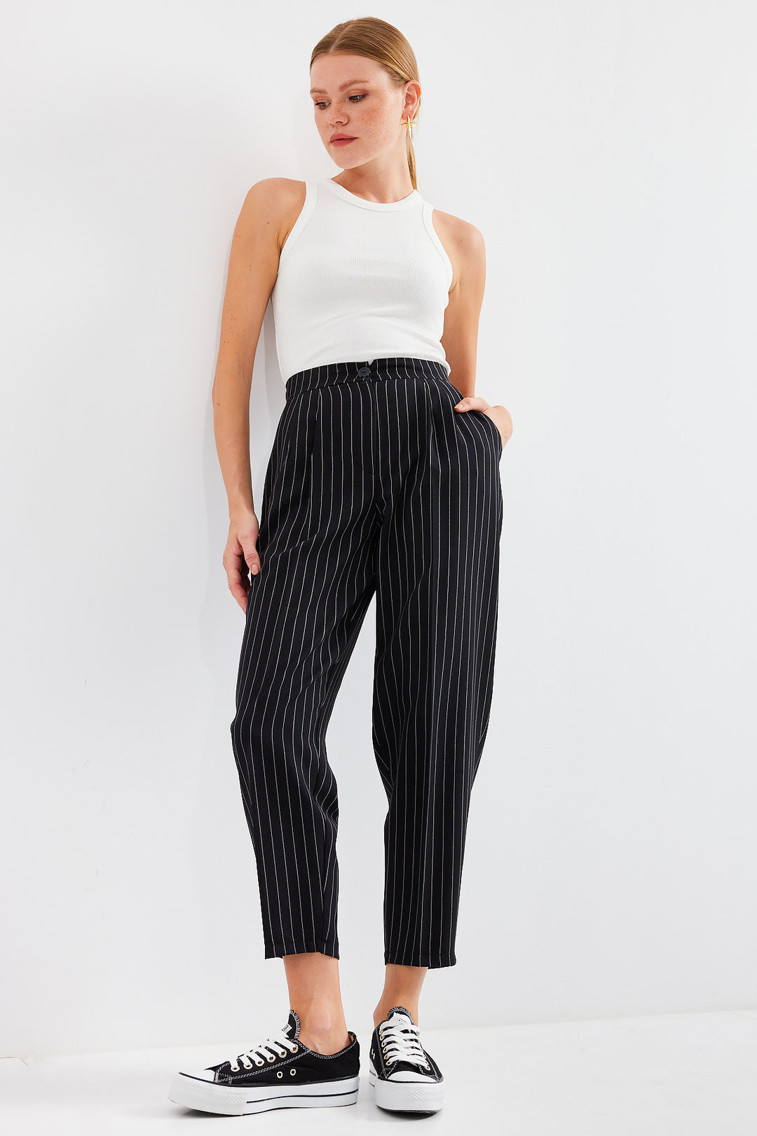 Bigdart 6637 Pantalon en tissu à rayures taille haute - Noir
