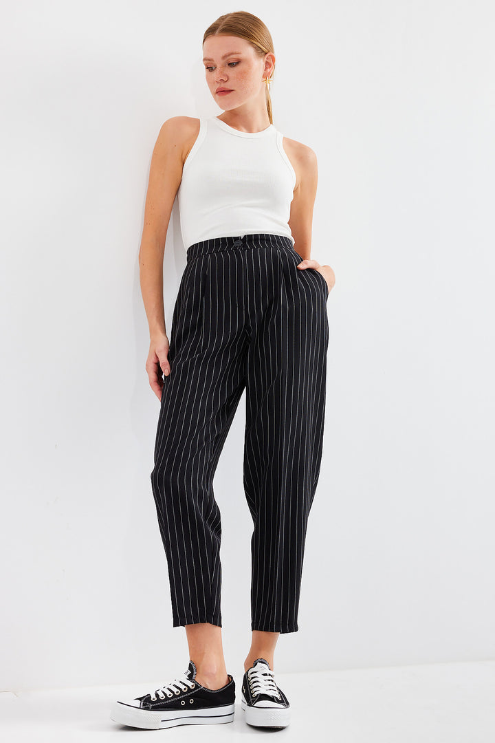 Bigdart 6637 Pantalon en tissu à rayures taille haute - Noir