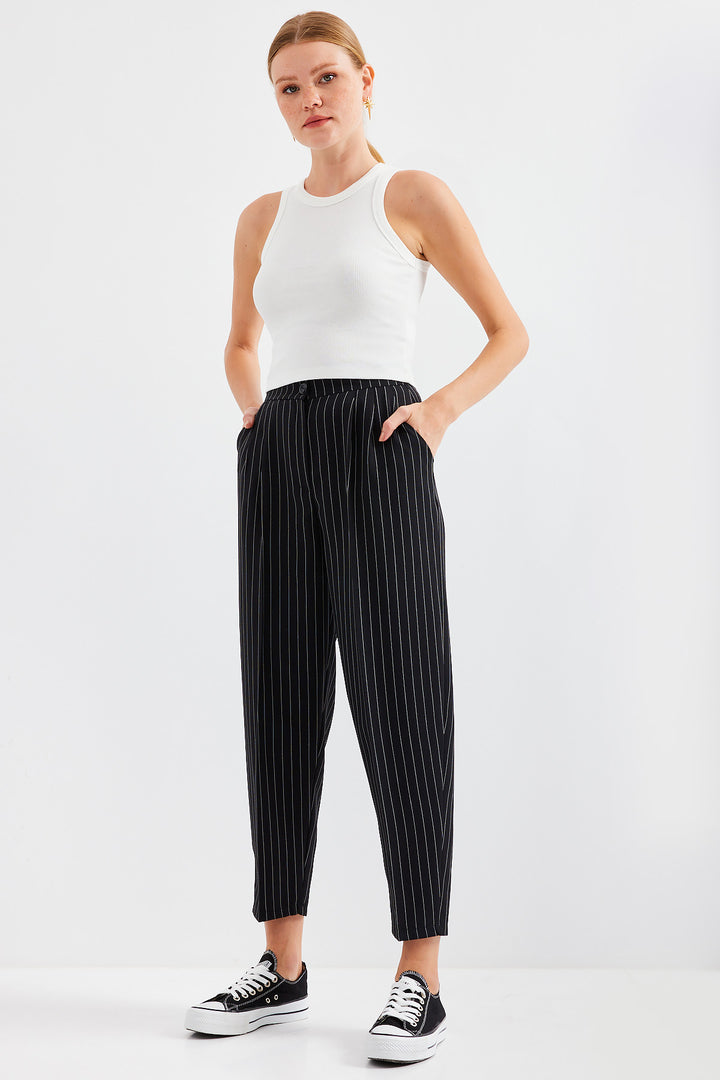 Bigdart 6637 Pantalon en tissu à rayures taille haute - Noir