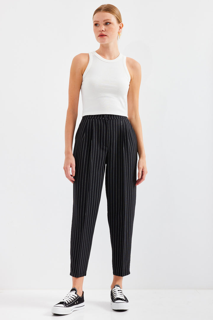 Bigdart 6637 Pantalon en tissu à rayures taille haute - Noir