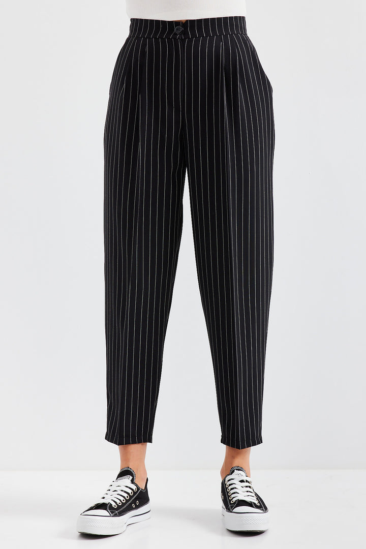 Bigdart 6637 Pantalon en tissu à rayures taille haute - Noir