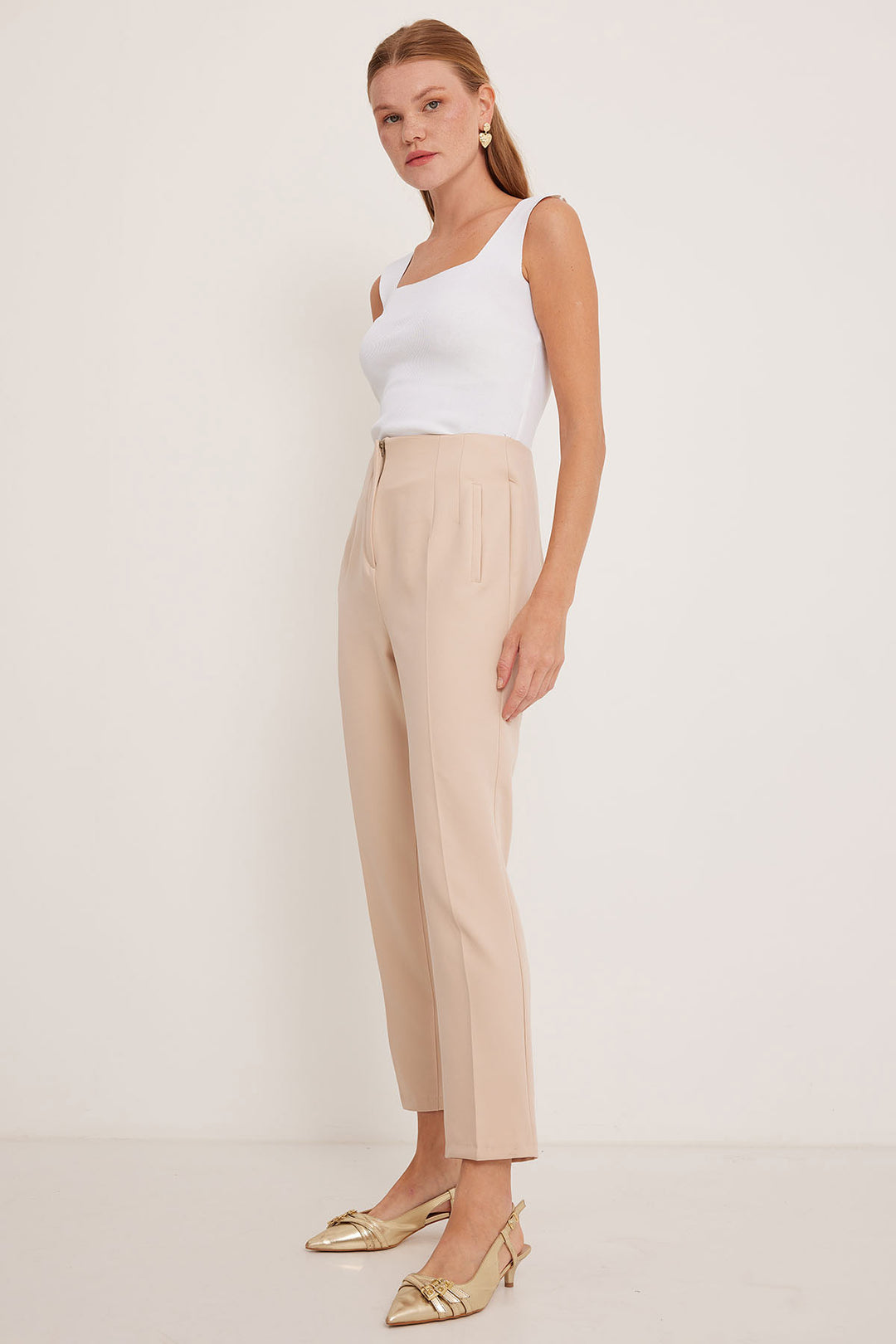 Bigdart Pantalon en tissu taille haute beige pour femme 6650