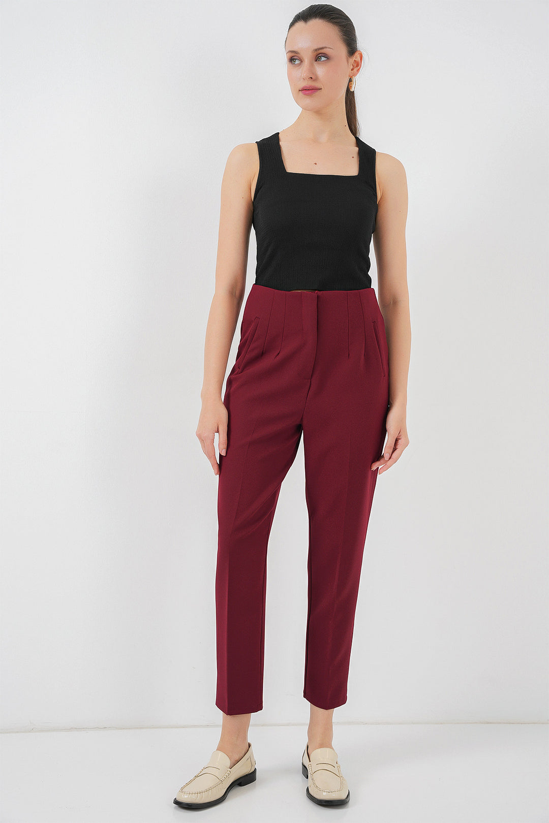 Bigdart Pantalon en Tissu Taille Haute 6650 - Bordeaux