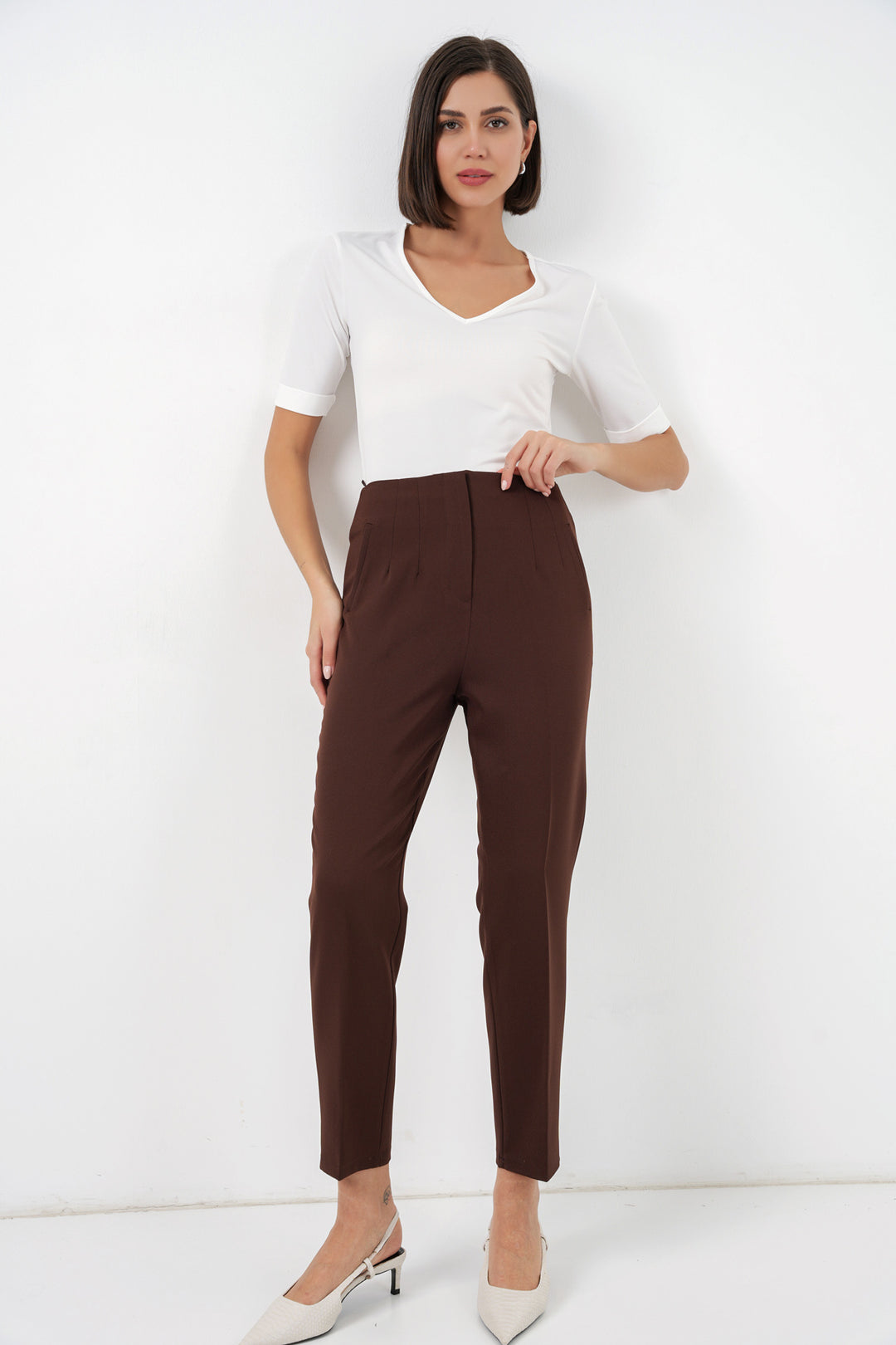 Bigdart Pantalon en tissu taille haute 6650 - Marron