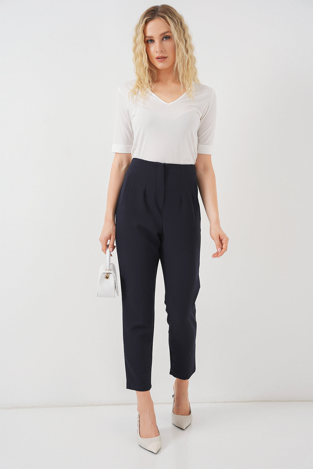 Bigdart Pantalon en tissu taille haute bleu marine pour femme 6650