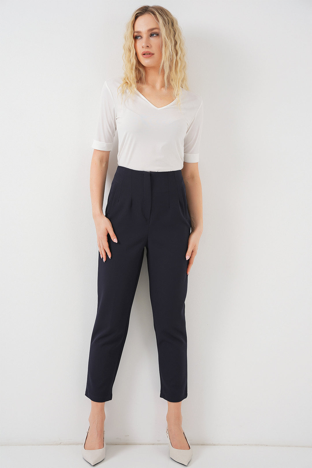 Bigdart Pantalon en tissu taille haute bleu marine pour femme 6650