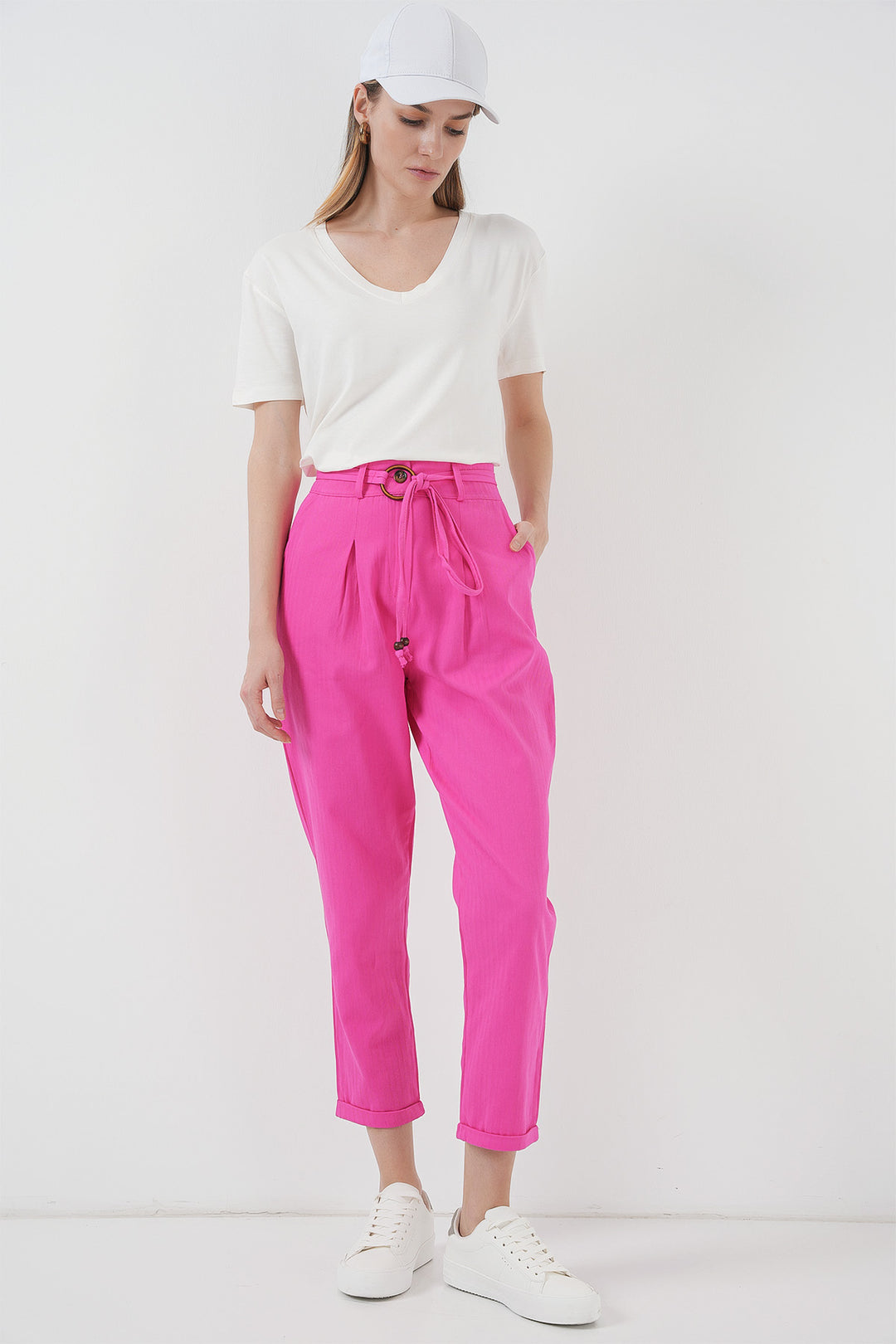Bigdart Pantalon en lin avec ceinture 6660 - Fuchsia