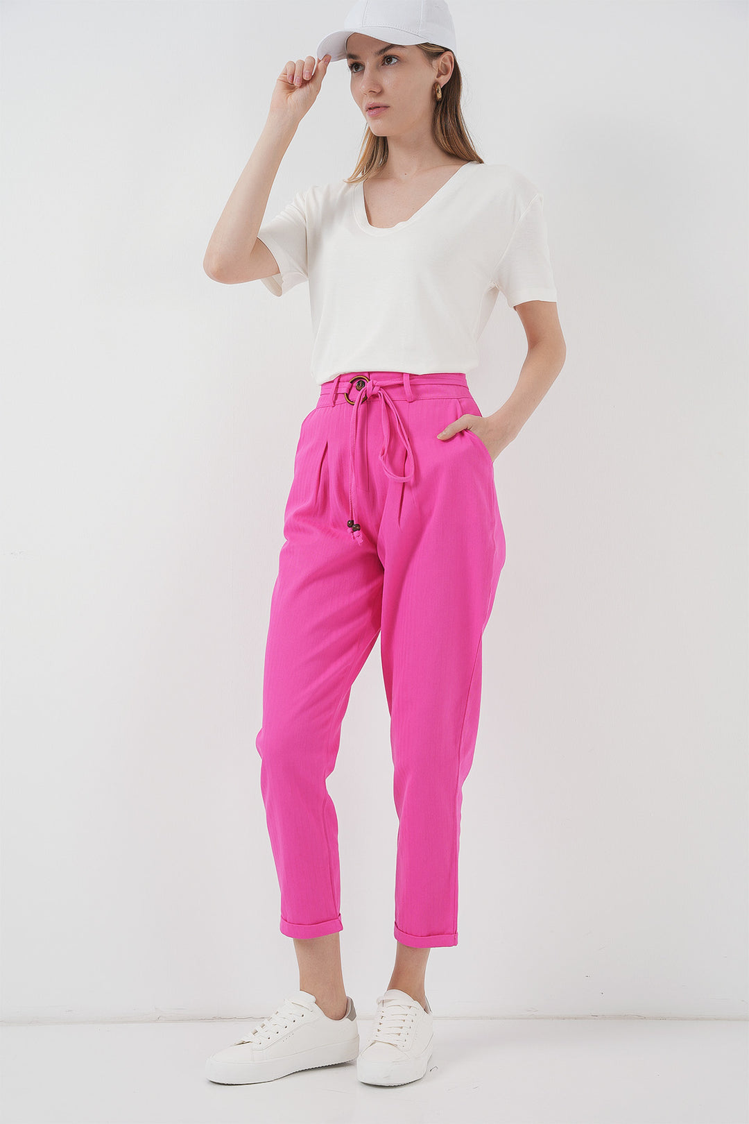 Bigdart Pantalon en lin avec ceinture 6660 - Fuchsia