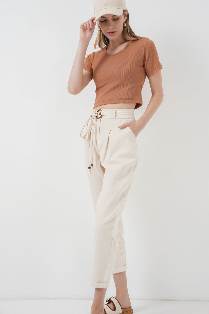 Bigdart 6660 Pantalon en Lin Ceinturé - Crème