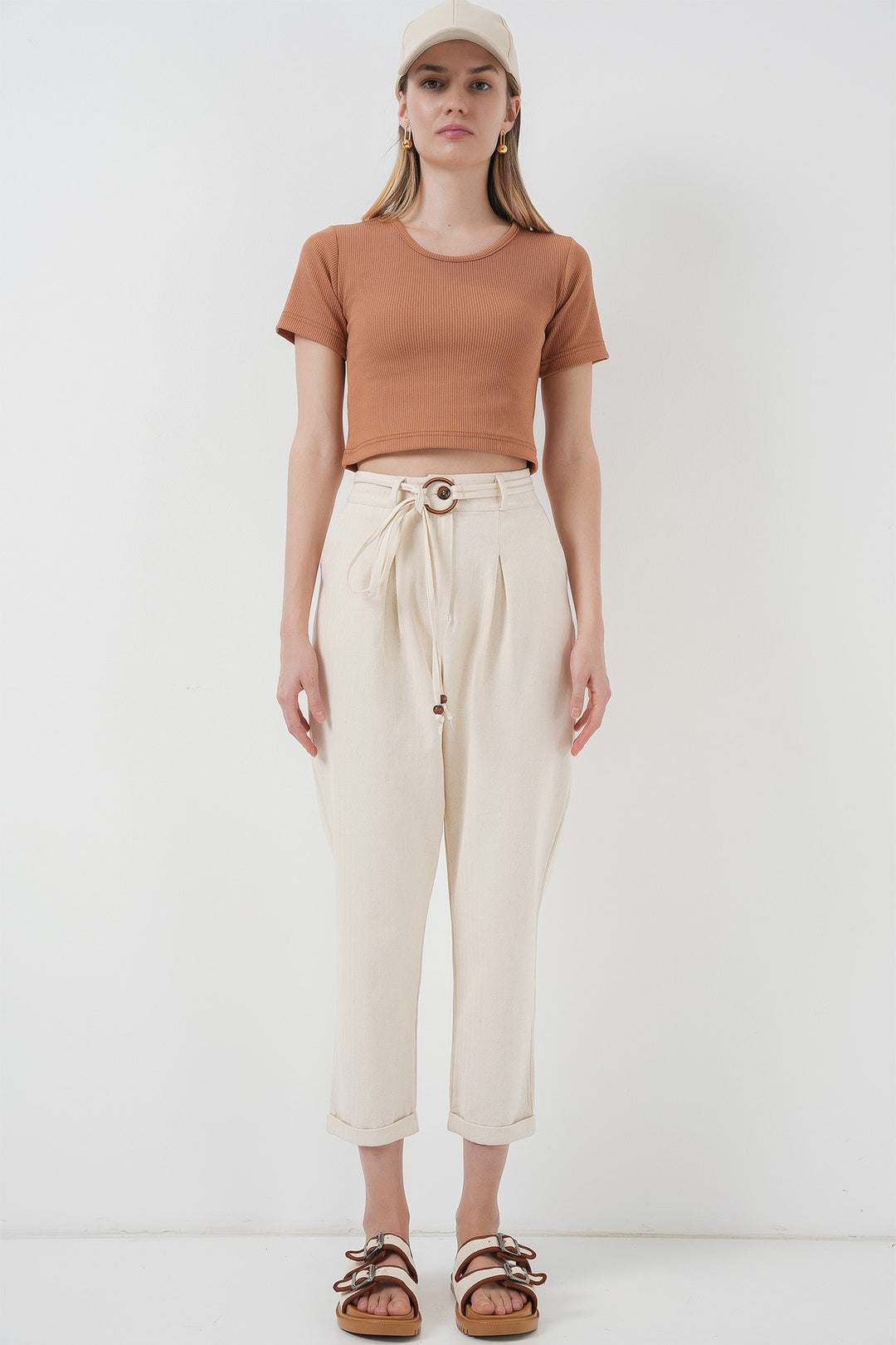 Bigdart 6660 Pantalon en Lin Ceinturé - Crème