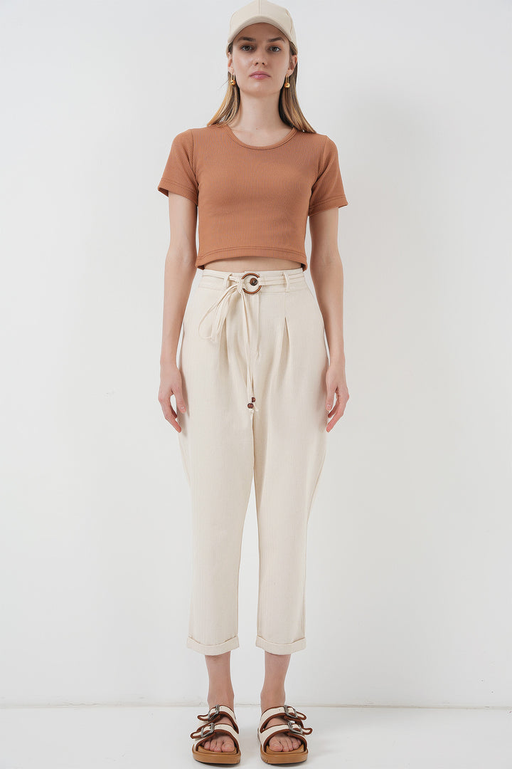 Bigdart 6660 Pantalon en Lin Ceinturé - Crème