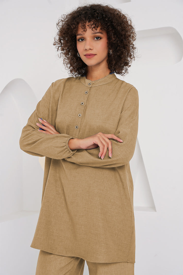 Bigdart Ensemble Tunique Pantalon en Lin 6678 - Biscuit