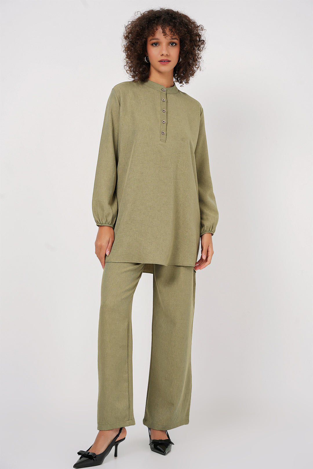 Bigdart 6678 Ensemble Tunique Pantalon en Lin - Vert amande