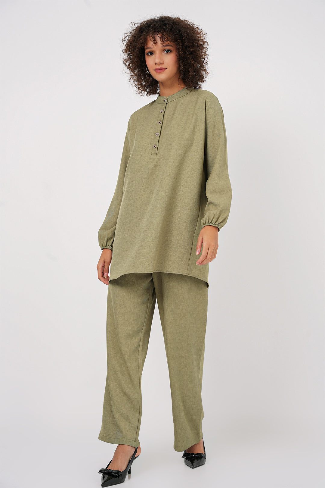 Bigdart 6678 Ensemble Tunique Pantalon en Lin - Vert amande