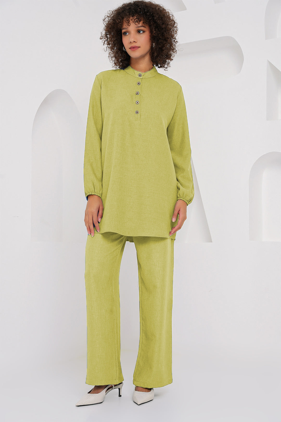 Bigdart 6678 Ensemble tunique pantalon en lin - Vert