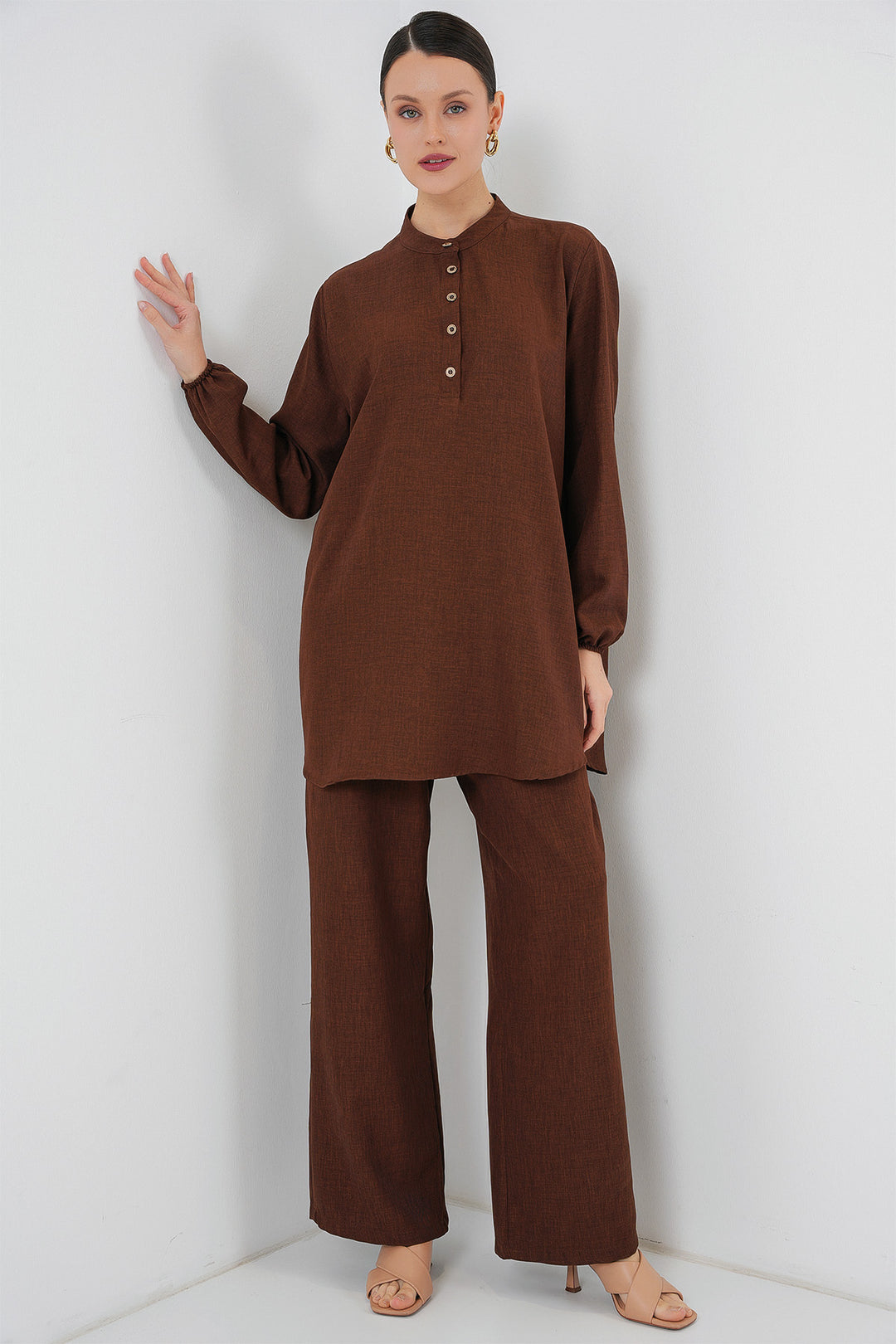 Bigdart Ensemble tunique et pantalon en lin 6678 - Marron