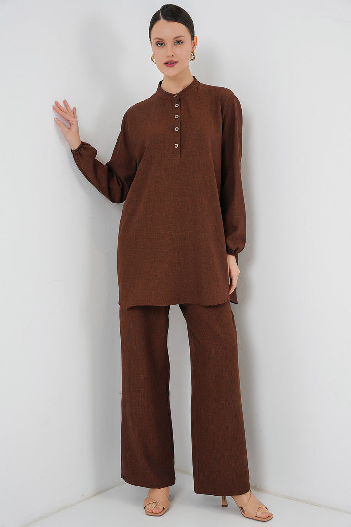Bigdart Ensemble tunique et pantalon en lin 6678 - Marron