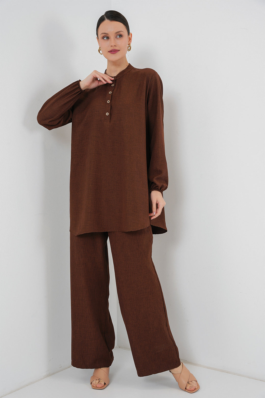 Bigdart Ensemble tunique et pantalon en lin 6678 - Marron