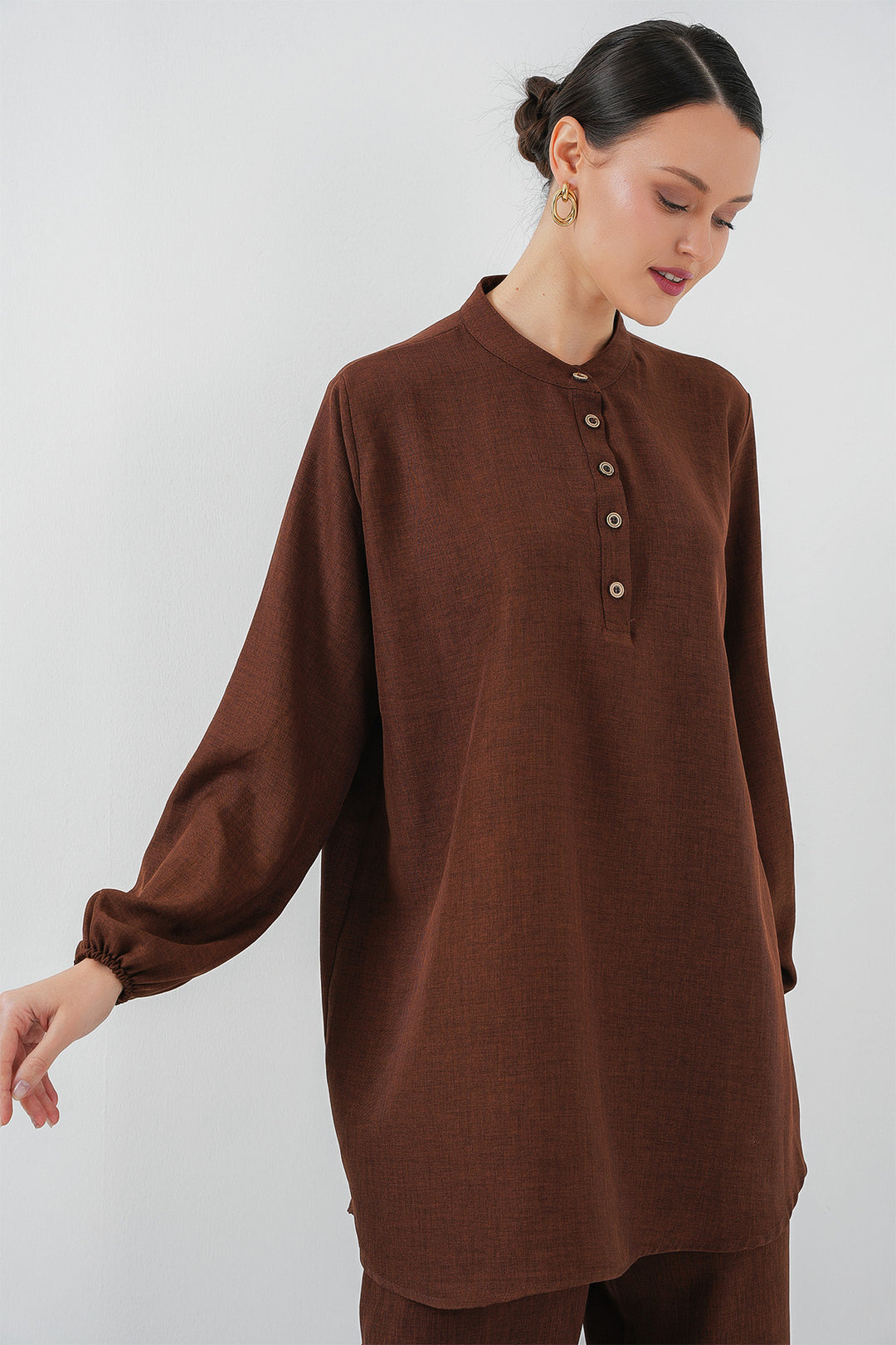 Bigdart Ensemble tunique et pantalon en lin 6678 - Marron
