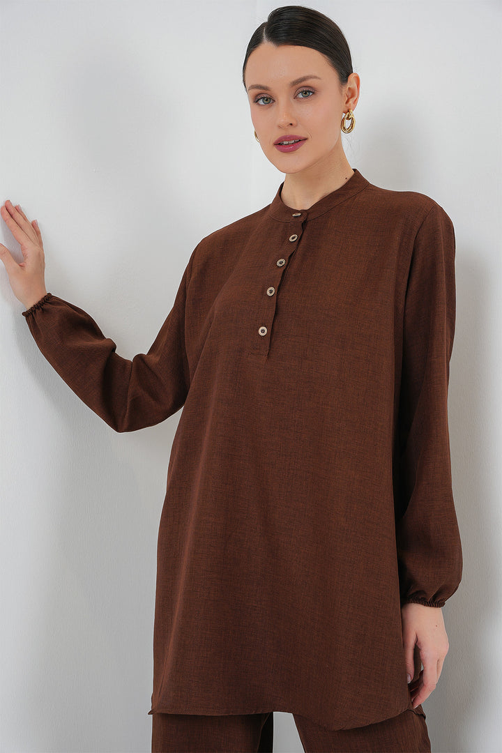 Bigdart Ensemble tunique et pantalon en lin 6678 - Marron