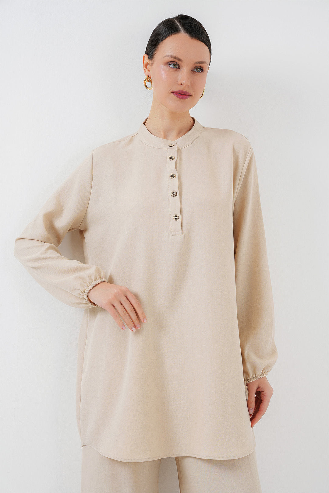 Bigdart 6678 Ensemble tunique et pantalon en lin - Crème