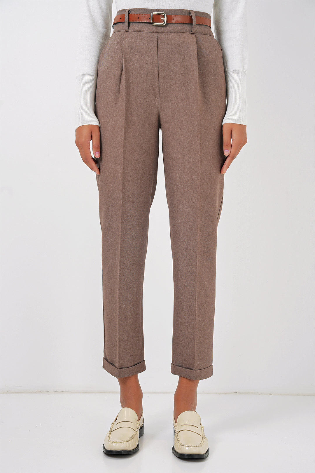 Bigdart 6686 Pantalon en Tissu Plissé avec Ceinture pour Femme - Camel