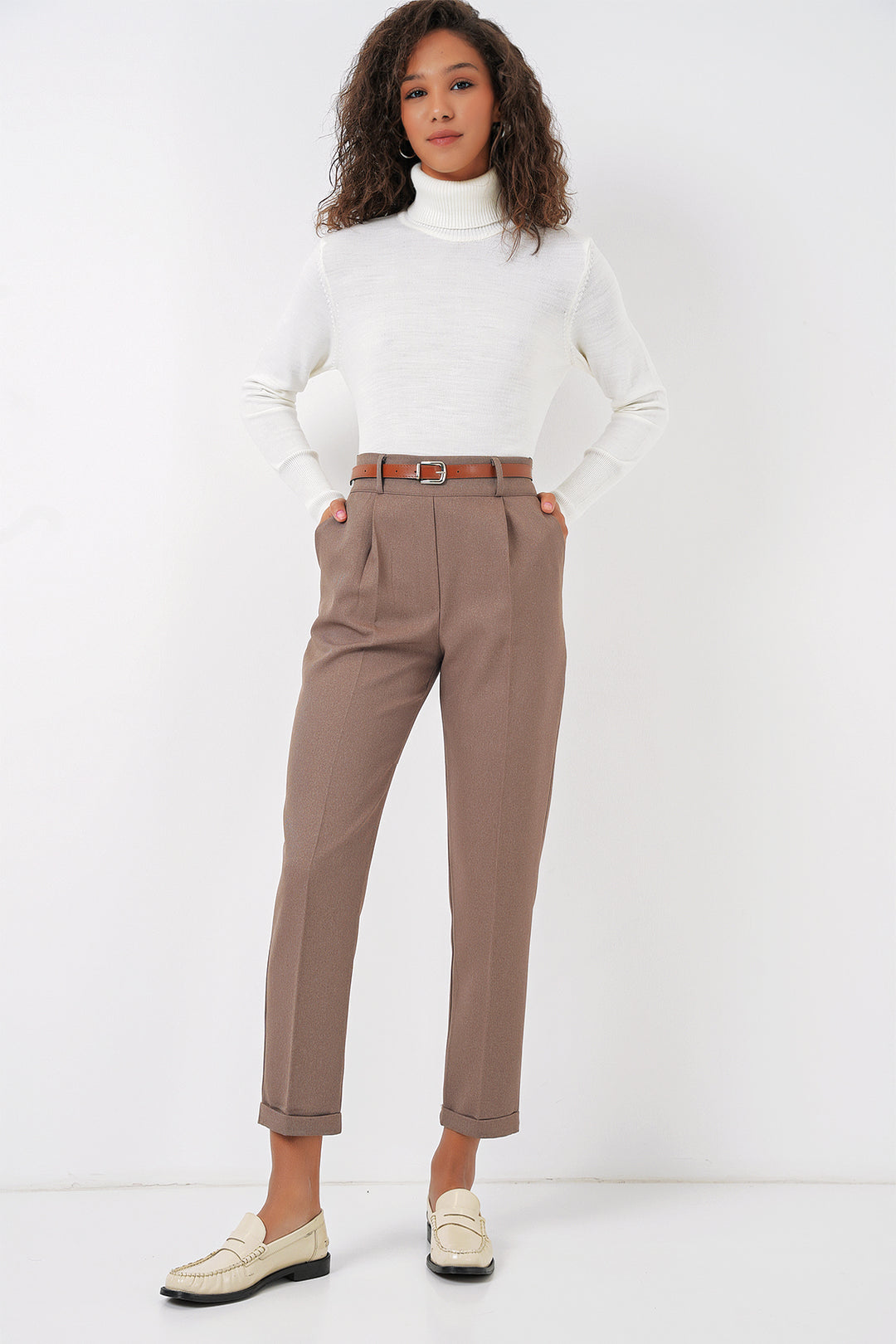 Bigdart 6686 Pantalon en Tissu Plissé avec Ceinture pour Femme - Camel