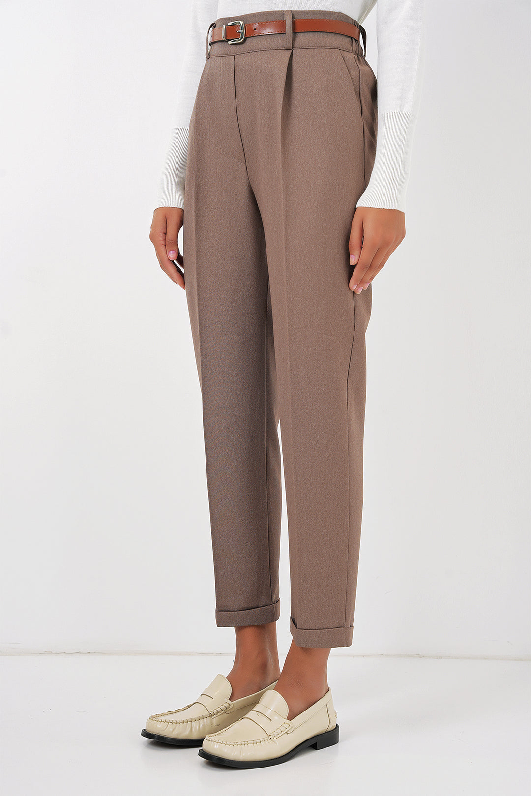 Bigdart 6686 Pantalon en Tissu Plissé avec Ceinture pour Femme - Camel