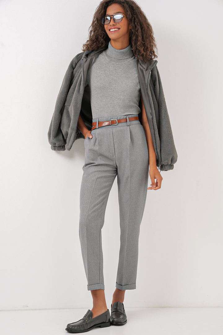Bigdart Pantalon en Tissu à Pli et Ceinture Femme 6686 - Gris