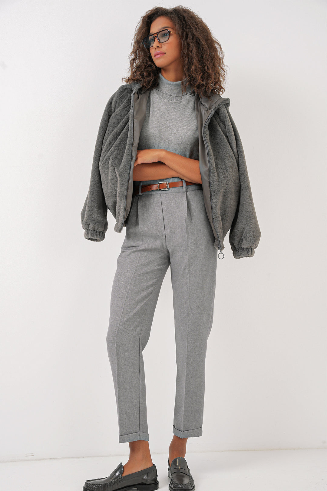 Bigdart Pantalon en Tissu à Pli et Ceinture Femme 6686 - Gris