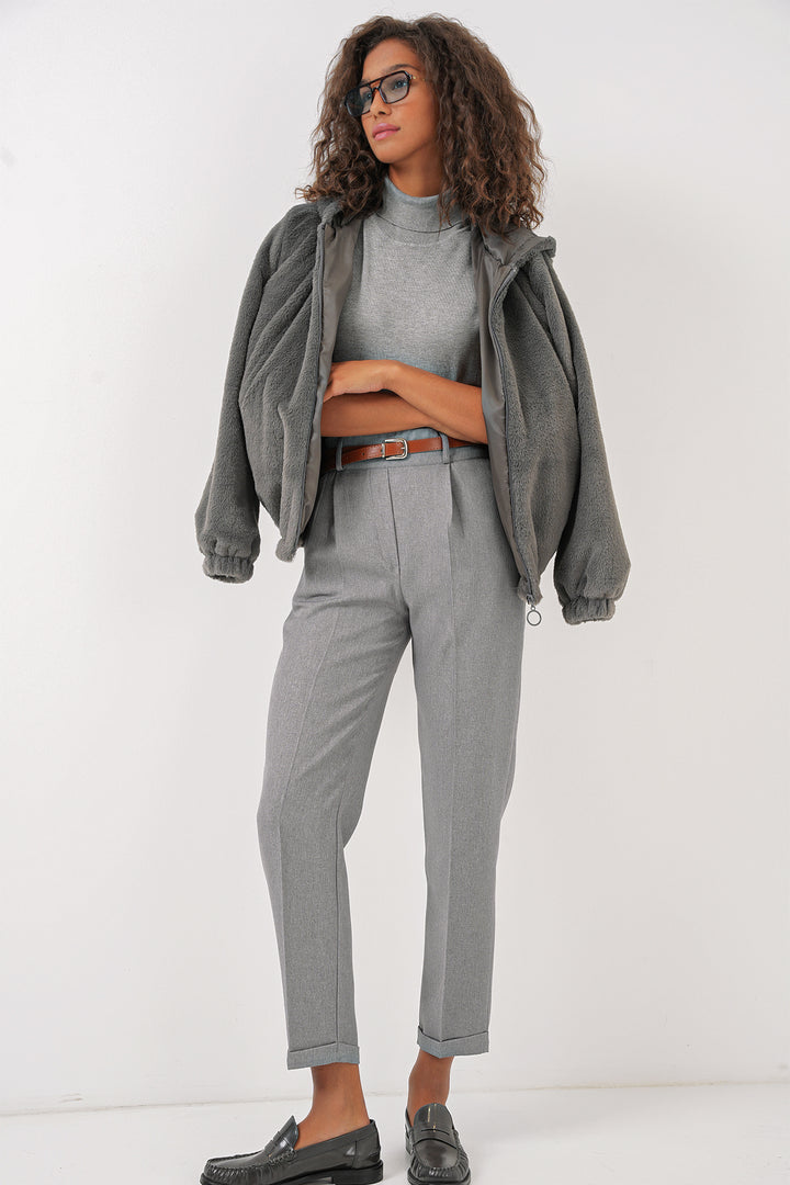 Bigdart Pantalon en Tissu à Pli et Ceinture Femme 6686 - Gris