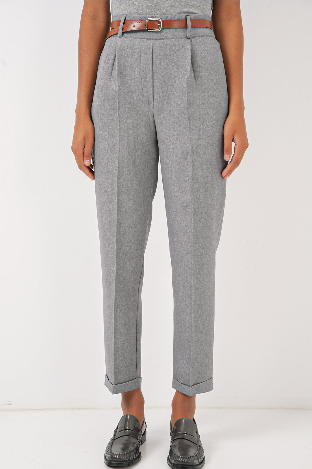 Bigdart Pantalon en Tissu à Pli et Ceinture Femme 6686 - Gris